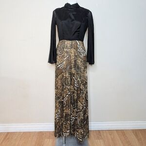 Vintage 60s Jeune Elle Black and Metallic Gold Pleated Wide Leg Jumpsuit Size M